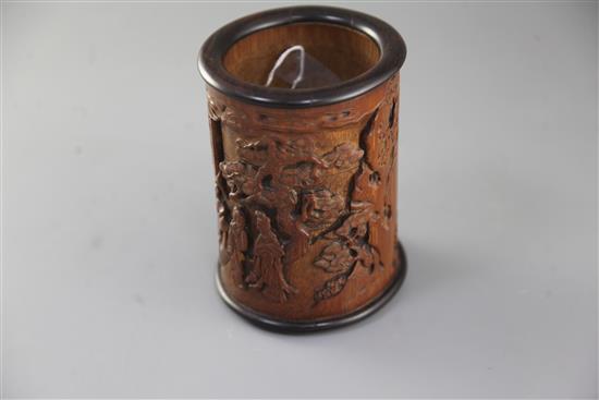 A Chinese bamboo and hongmu mounted brush pot, Qing dynasty, total height 14cm